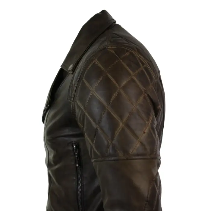 Mens Slim Fit Cross Zip Retro Vintage Brown Biker Punk Rock Real Leather Jacket - Image 7