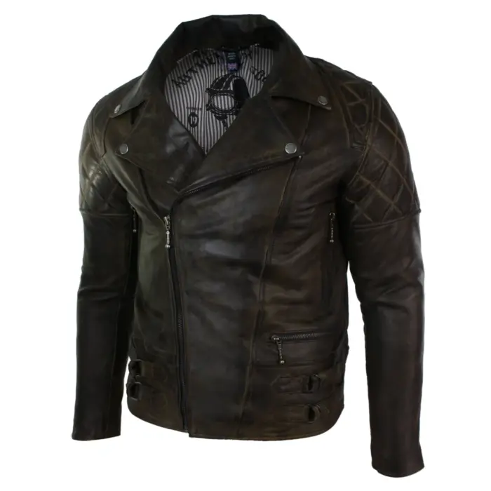 Mens Slim Fit Cross Zip Retro Vintage Brown Biker Punk Rock Real Leather Jacket - Image 6