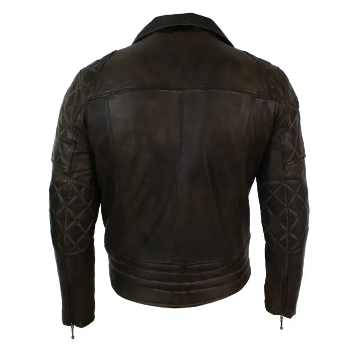 Mens Slim Fit Cross Zip Retro Vintage Brown Biker Punk Rock Real Leather Jacket - Image 5