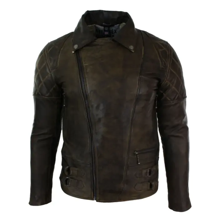 Mens Slim Fit Cross Zip Retro Vintage Brown Biker Punk Rock Real Leather Jacket - Image 4
