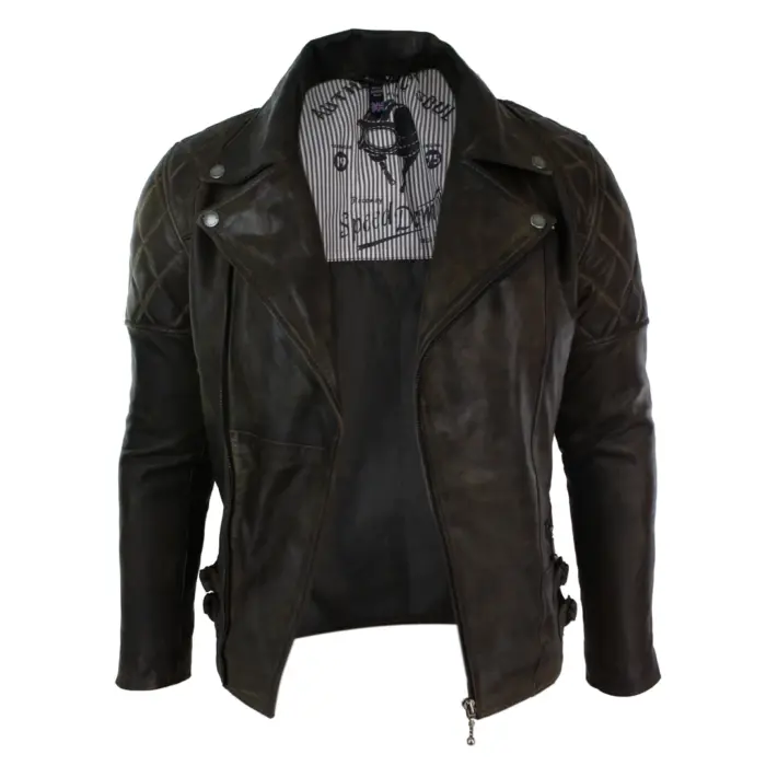 Mens Slim Fit Cross Zip Retro Vintage Brown Biker Punk Rock Real Leather Jacket - Image 3