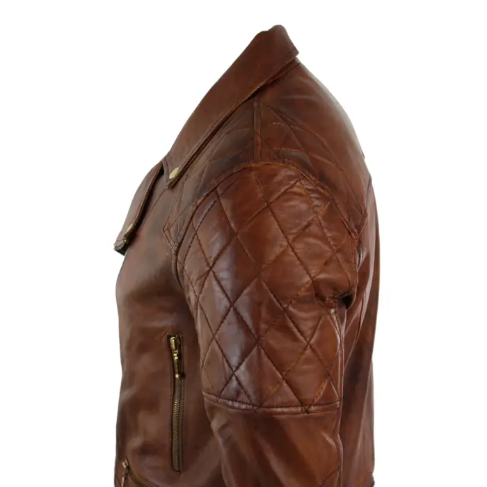 Mens Slim Fit Cross Zip Retro Vintage Brown Biker Punk Rock Real Leather Jacket - Image 12