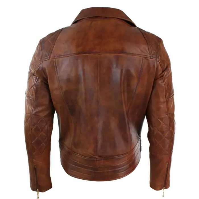 Mens Slim Fit Cross Zip Retro Vintage Brown Biker Punk Rock Real Leather Jacket - Image 11