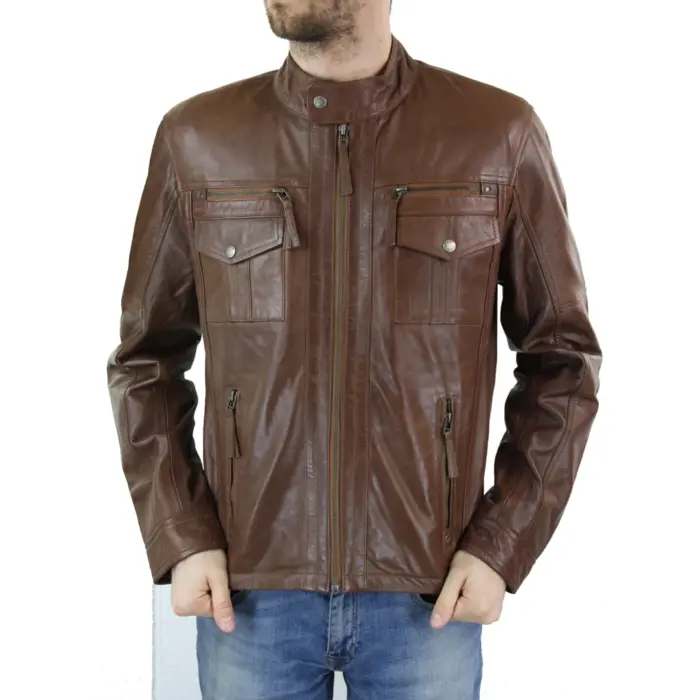 Mens Genuine Leather Biker Jacket Zipped Nehru Grandad Collar Regular Fit - Image 1