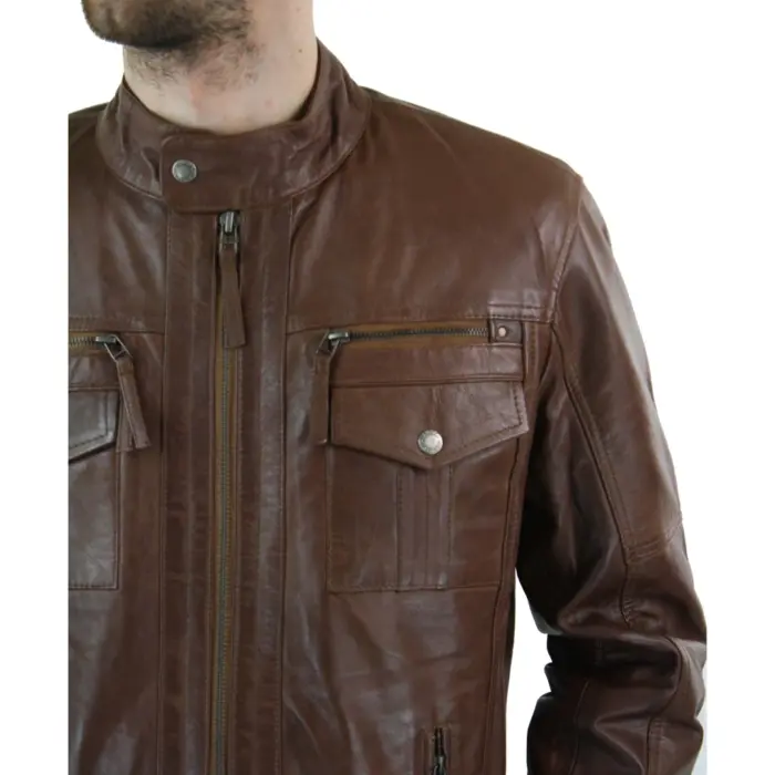 Mens Genuine Leather Biker Jacket Zipped Nehru Grandad Collar Regular Fit - Image 2