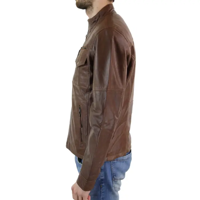 Mens Genuine Leather Biker Jacket Zipped Nehru Grandad Collar Regular Fit - Image 5