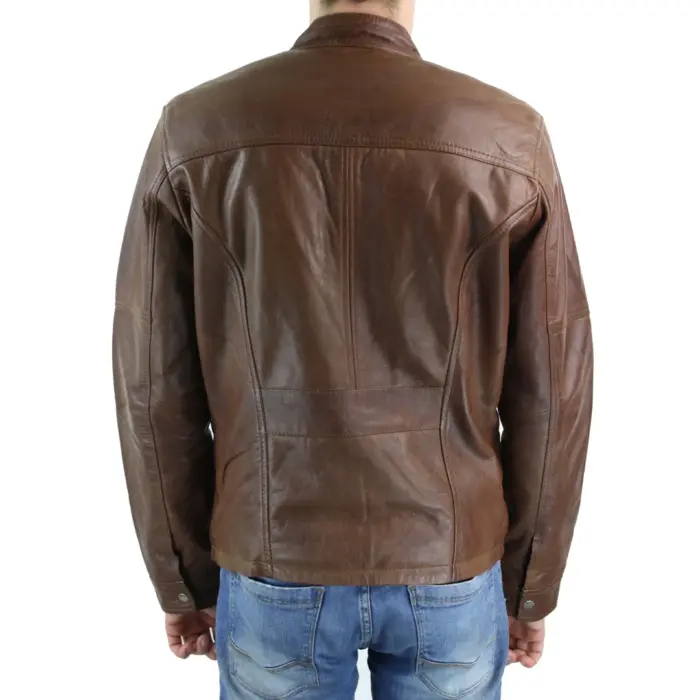 Mens Genuine Leather Biker Jacket Zipped Nehru Grandad Collar Regular Fit - Image 4