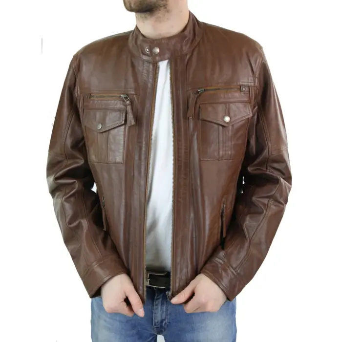 Mens Genuine Leather Biker Jacket Zipped Nehru Grandad Collar Regular Fit - Image 3