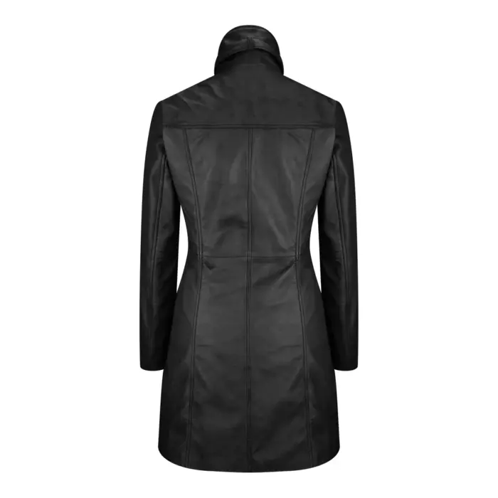 Black Tan Ladies Woman's Vintage Soft Washed Real Leather Jacket Trench Coat - Image 4