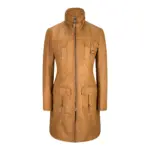 Black Tan Ladies Woman's Vintage Soft Washed Real Leather Jacket Trench Coat - Image 5
