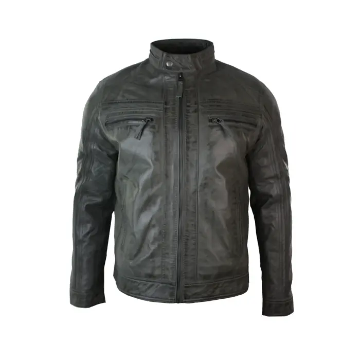 Mens Retro Style Zipped Biker Jacket Real Leather Soft Grey Vintage Smart Casual - Image 1