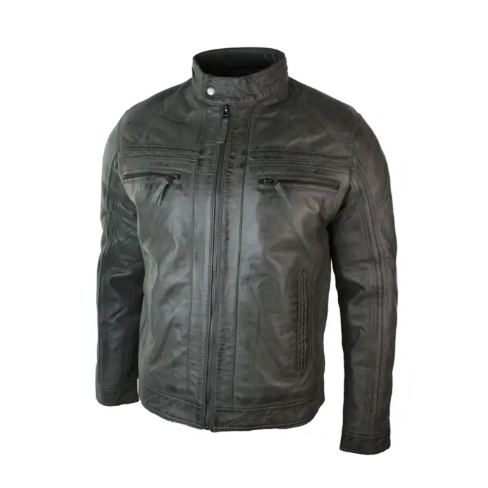 Mens Retro Style Zipped Biker Jacket Real Leather Soft Grey Vintage Smart Casual - Image 4