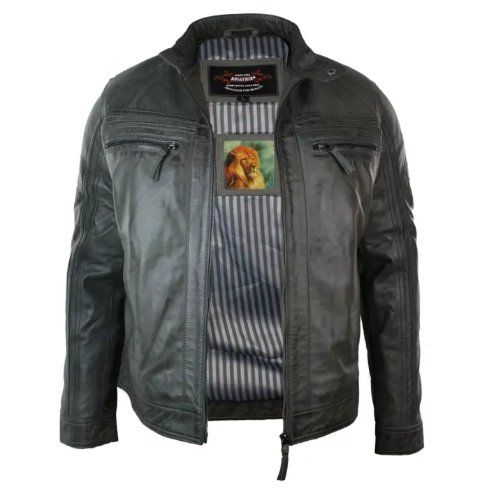 Mens Retro Style Zipped Biker Jacket Real Leather Soft Grey Vintage Smart Casual - Image 3