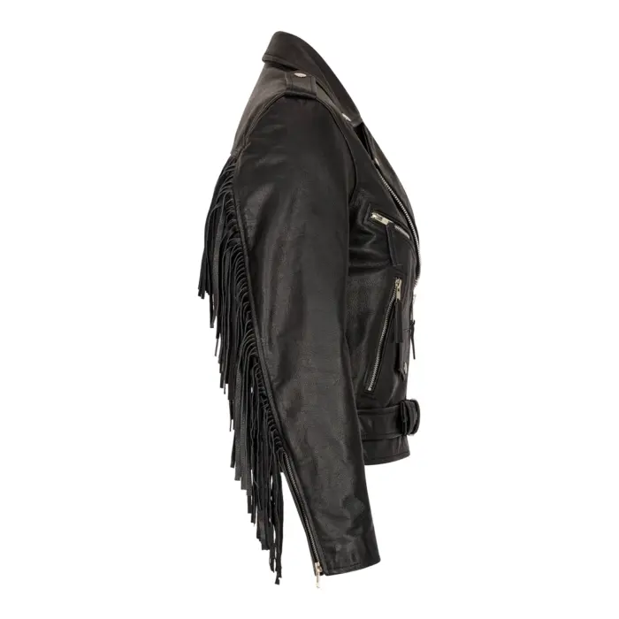 Women's Leather Jacket Brando Tassel Fringe Cow Hide Moto Biker Coat - Image 2