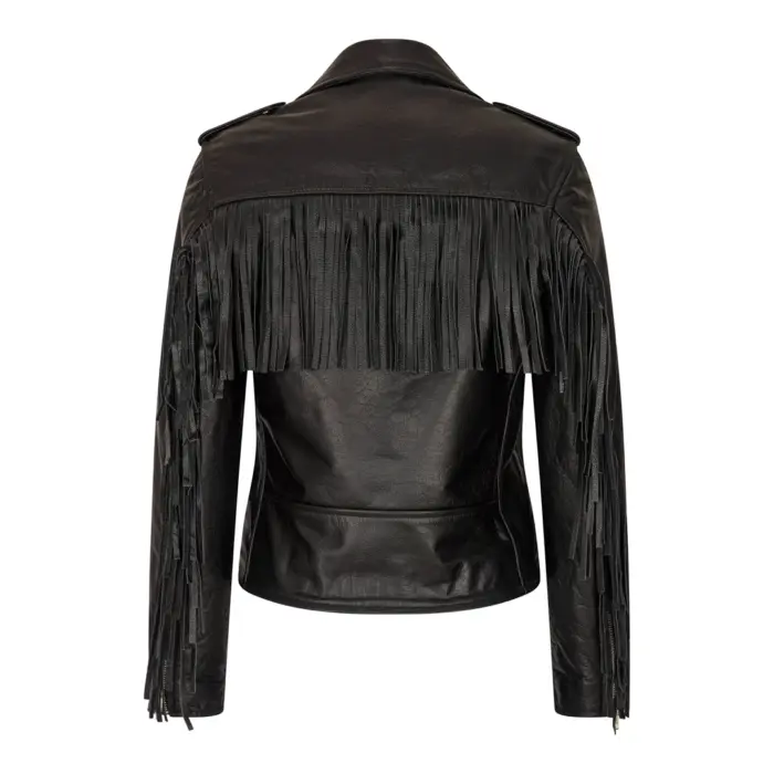 Women's Leather Jacket Brando Tassel Fringe Cow Hide Moto Biker Coat - Image 3