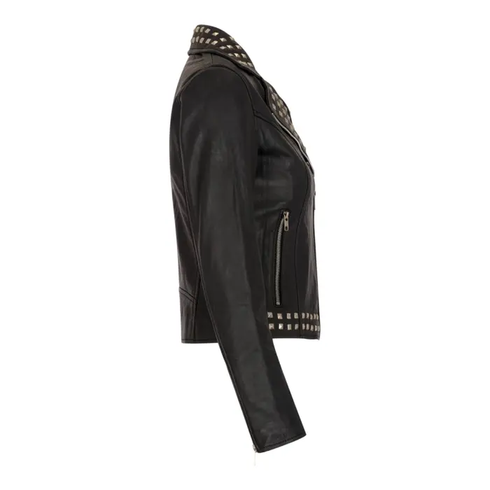 Women's Leather Jacket Cross Zip Studded Moto Brando Biker Coat - Image 2