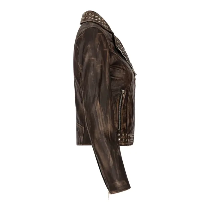 Women's Leather Jacket Cross Zip Studded Moto Brando Biker Coat - Image 6
