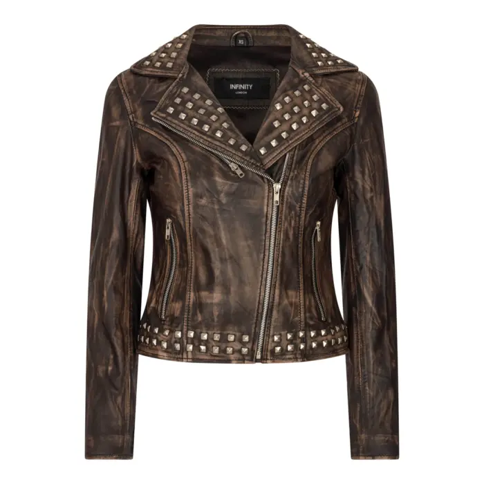 Women's Leather Jacket Cross Zip Studded Moto Brando Biker Coat - Image 5