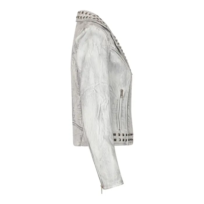 Women's Leather Jacket Cross Zip Studded Moto Brando Biker Coat - Image 10
