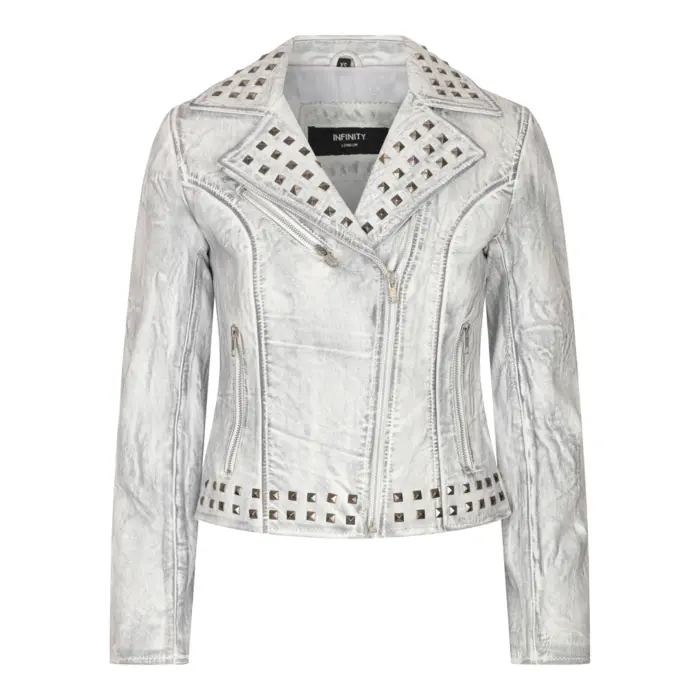Women's Leather Jacket Cross Zip Studded Moto Brando Biker Coat - Image 9